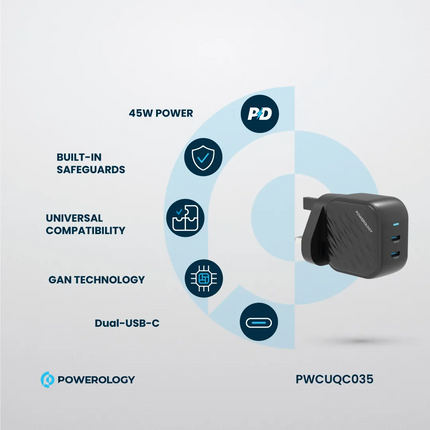 Powerology GaN Dual-USB-C Wall Charger: quick and safe charging of your devices that is super compact. With a standard 100-240V rated voltage and freq