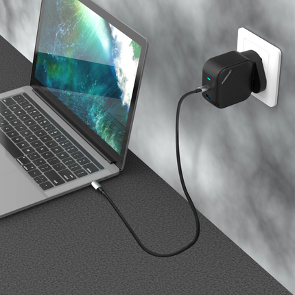 Powerology GaN Dual-USB-C Wall Charger: quick and safe charging of your devices that is super compact. With a standard 100-240V rated voltage and freq
