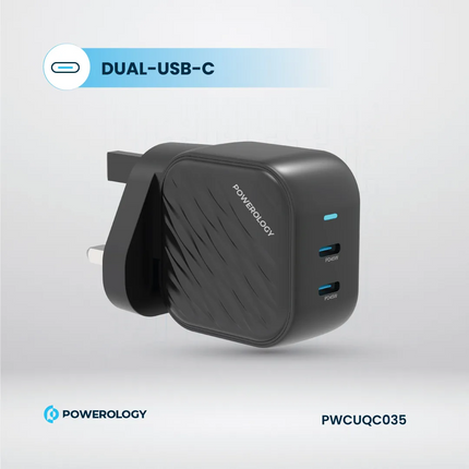 Powerology GaN Dual-USB-C Wall Charger: quick and safe charging of your devices that is super compact. With a standard 100-240V rated voltage and freq