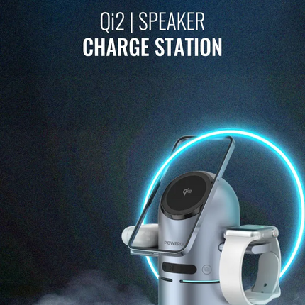 The Powerology Qi2 Speaker Charge Station is a revolutionary single-product device that charges your essentials and produces sound. It has a 1000mAh c