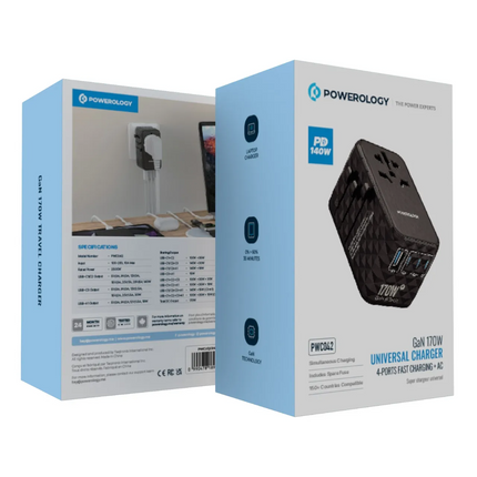 Powerology GaN 170W Universal Charger with 4-Ports Fast Charging + AC is the next-generation, high-power charger that meets the requirements of the mo