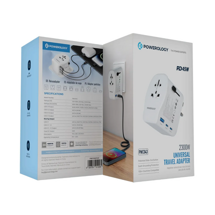 The Powerology Universal Travel Adapter is a general-purpose travel charger for global traveling and can accept both 1250W for US devices and 2300W fo