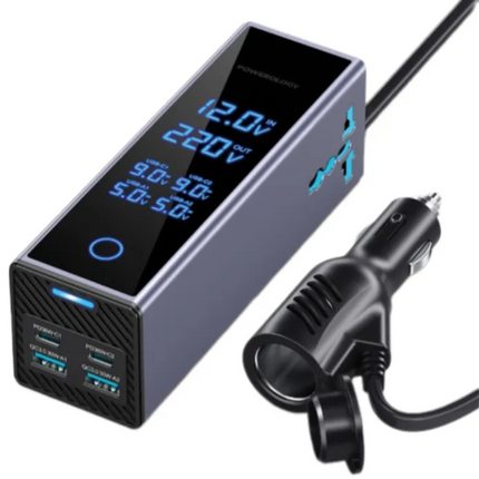 The Powerology 2×AC Socket Car Power Inverter, packing a power of 300W with a 220V AC supply, allows you to work with your devices on the go. There ar