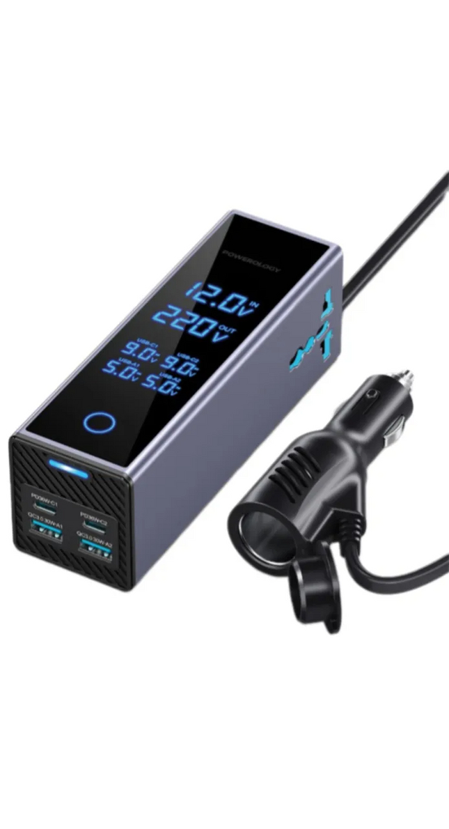 The Powerology 2×AC Socket Car Power Inverter, packing a power of 300W with a 220V AC supply, allows you to work with your devices on the go. There ar