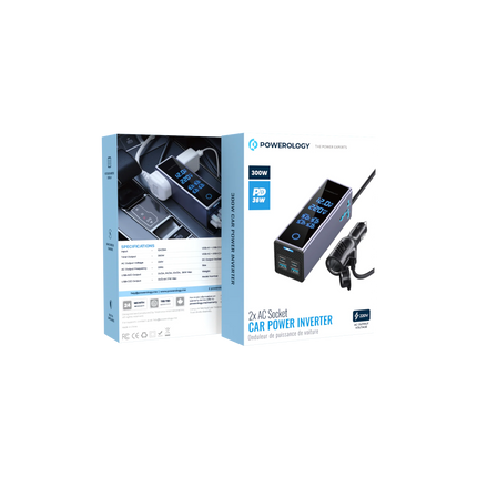 The Powerology 2×AC Socket Car Power Inverter, packing a power of 300W with a 220V AC supply, allows you to work with your devices on the go. There ar
