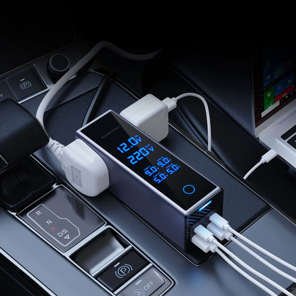 The Powerology 2×AC Socket Car Power Inverter, packing a power of 300W with a 220V AC supply, allows you to work with your devices on the go. There ar