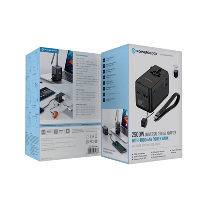 The Powerology 2500W Universal Travel Adapter with a 4000mAh Power Bank is a true all-in-one global charge solution; it has been designed for utmost c