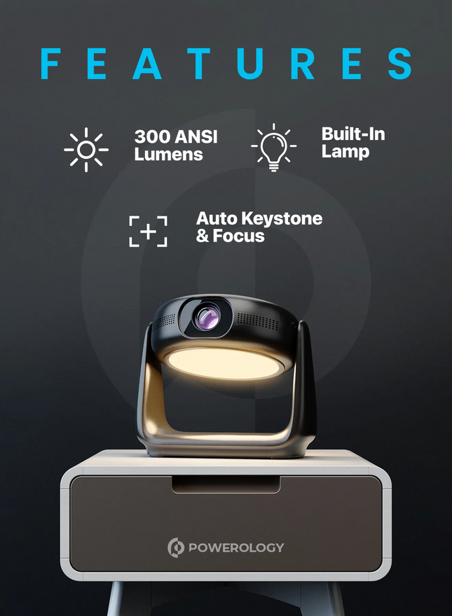 The Powerology Rotating Stand Portable Projector is a state-of-the-art device that brings the magic of the big screen right into your home with its ad
