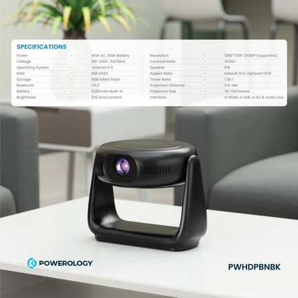 The Powerology Rotating Stand Portable Projector is a state-of-the-art device that brings the magic of the big screen right into your home with its ad