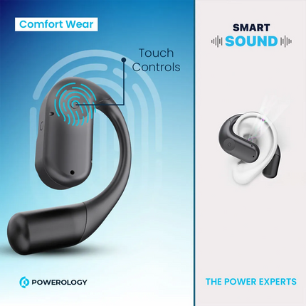 Black and white wireless earbuds with 'Comfort Wear' and 'Smart Sound' features on a gradient background.