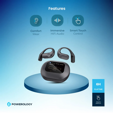 Wireless earbuds with charging case on a blue gradient background, featuring Powerology branding.