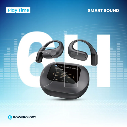 Black wireless earbuds with charging case on a blue background, featuring Powerology branding.