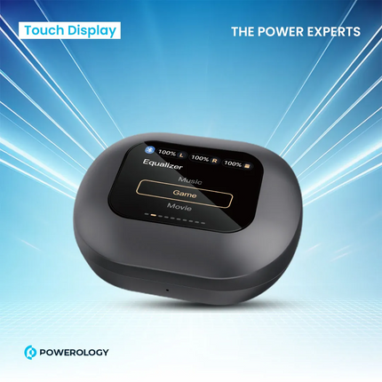 Black electronic device with touch display on a blue background, featuring Powerology branding.