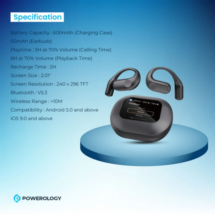 Wireless earbuds with charging case on a blue platform, featuring Powerology branding.