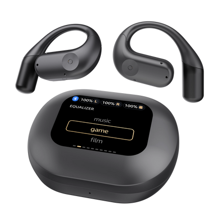 Black wireless earbuds with a charging case on a white background