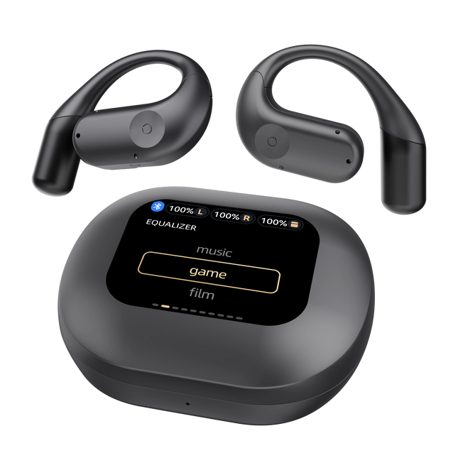 Black wireless earbuds with a charging case on a white background