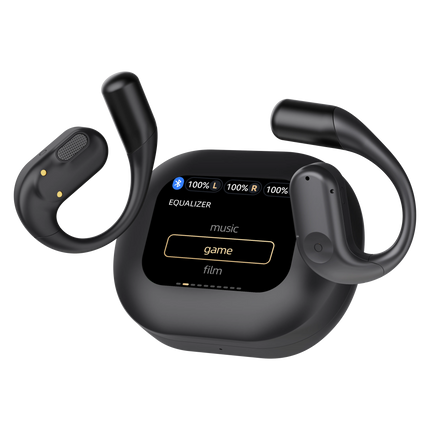 Black wireless earbuds with a digital display on a white background