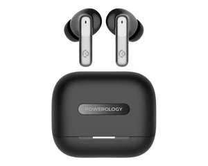 Black wireless earbuds with charging case on a white background, featuring the brand 'Powerology'.