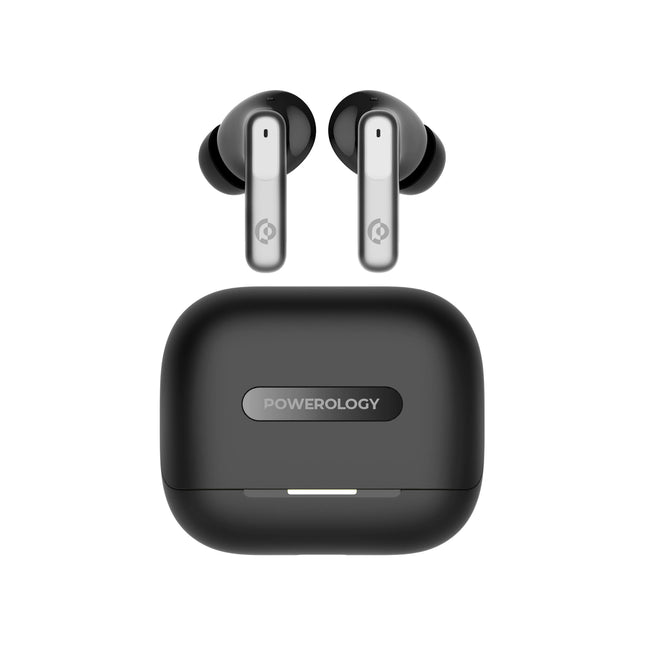 Black wireless earbuds with charging case on a white background, featuring the brand 'Powerology'.