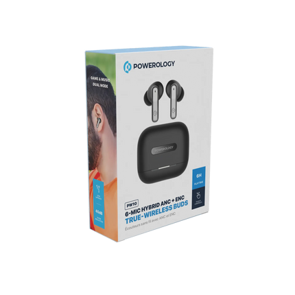 Powerology true wireless buds packaging on a white background