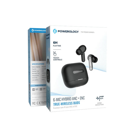 Black wireless earbuds with charging case and Powerology packaging on a white background