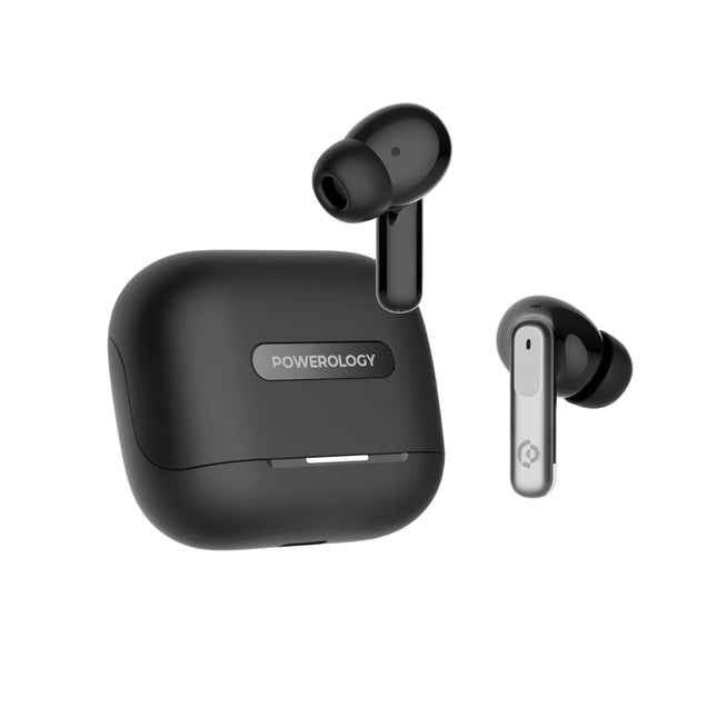 Black wireless earbuds with charging case on a white background, featuring the brand 'Powerology'.