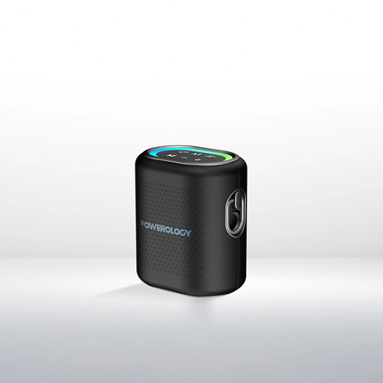 Black portable device with 'Powerology' branding on a light gray background