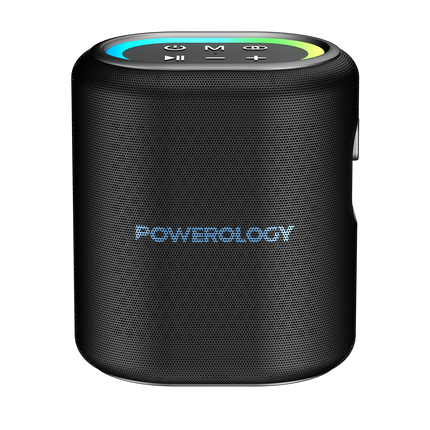 Black Powerology speaker with a white background