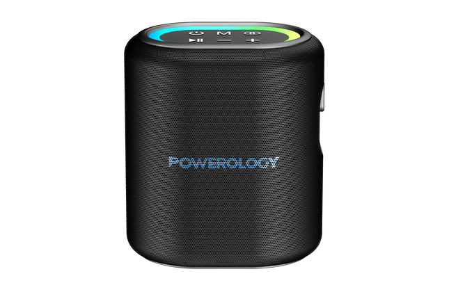 Black Powerology speaker with a white background