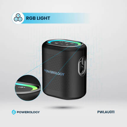 Black portable device with RGB light feature, branded as Powerology on a gray background.