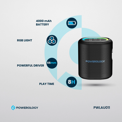 Black portable speaker with features highlighted on a light gray background, including battery capacity and play time.