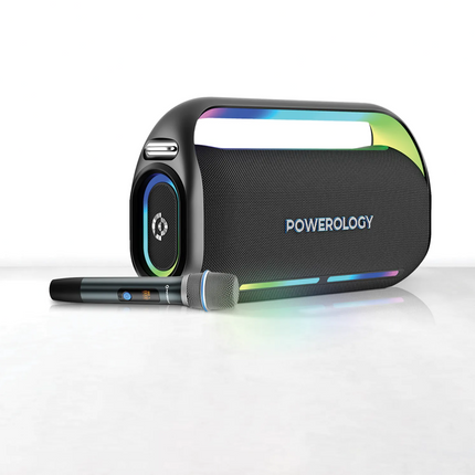 Black electronic device with colorful accents and 'POWEROLOGY' branding on a white background