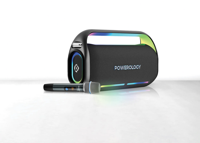 Black electronic device with colorful accents and 'POWEROLOGY' branding on a white background