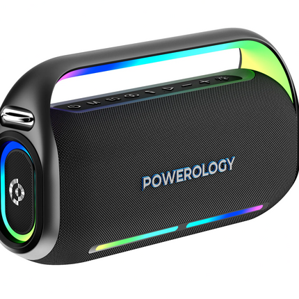 Black portable speaker with colorful LED lights and 'POWEROLOGY' branding on a white background