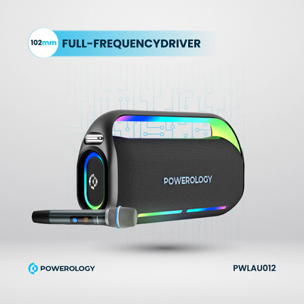 Powerology golf club head with full-frequency driver text on a light gray background