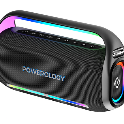 Black portable speaker with colorful LED lights on a white background, featuring the brand 'Powerology'.