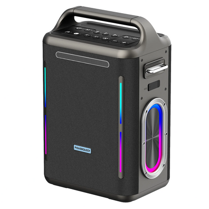 Black portable speaker with colorful LED lights on a white background