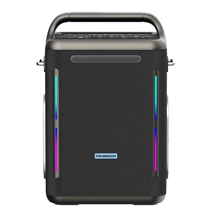 Black portable speaker with colorful LED lights on a white background