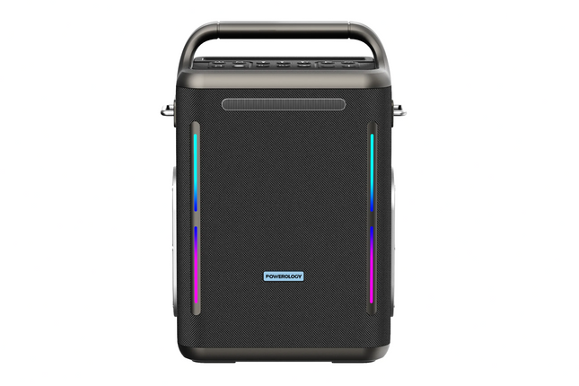 Black portable speaker with colorful LED lights on a white background