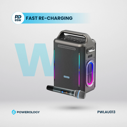 Portable speaker with microphone on a light gray background, featuring Powerology branding.