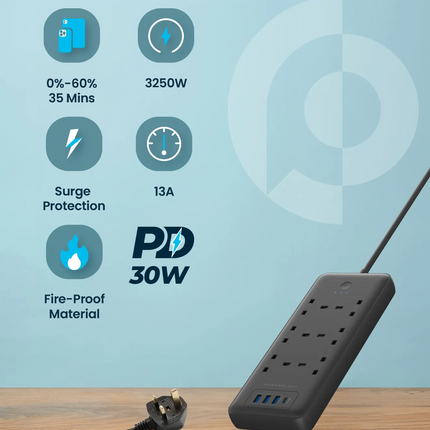 organize your desk by use of Powerology 6 AC
Multi-Port Power Strip! This multi-Port 48W Power hub is an all-in-one device
and is a clever choice for 