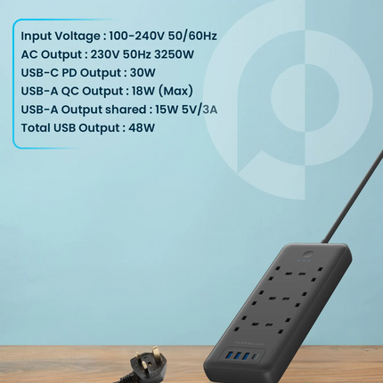 organize your desk by use of Powerology 6 AC
Multi-Port Power Strip! This multi-Port 48W Power hub is an all-in-one device
and is a clever choice for 