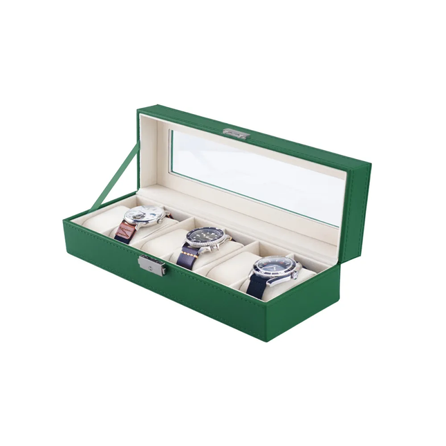 GREEN LION CLASSIC WATCH BOX 6 SLOTS WITH GLASS - GREEN