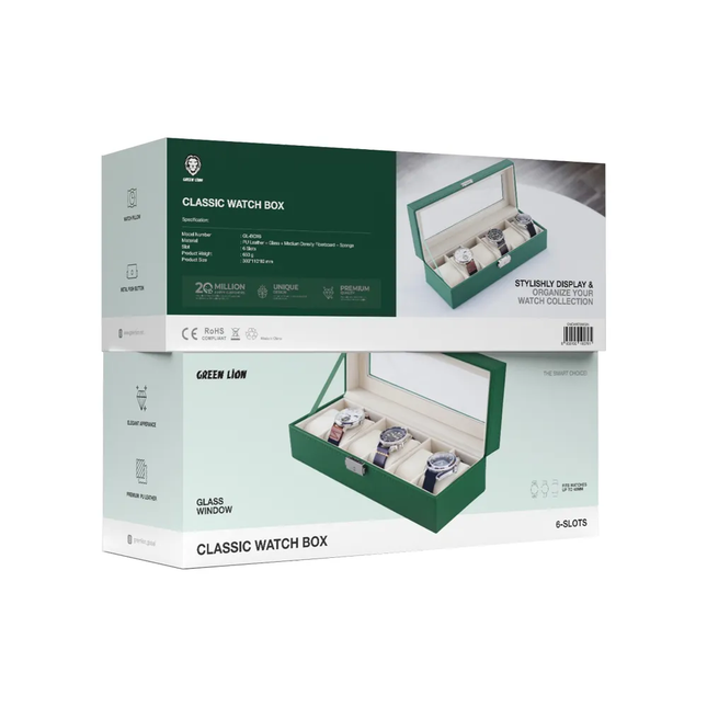 GREEN LION CLASSIC WATCH BOX 6 SLOTS WITH GLASS - GREEN