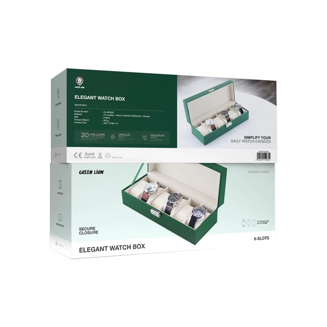 GREEN LION ELEGANT WATCH BOX 6 SLOTS - GREEN