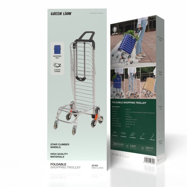 GREEN LION FOLDABLE SHOPPING TROLLEY - SILVER