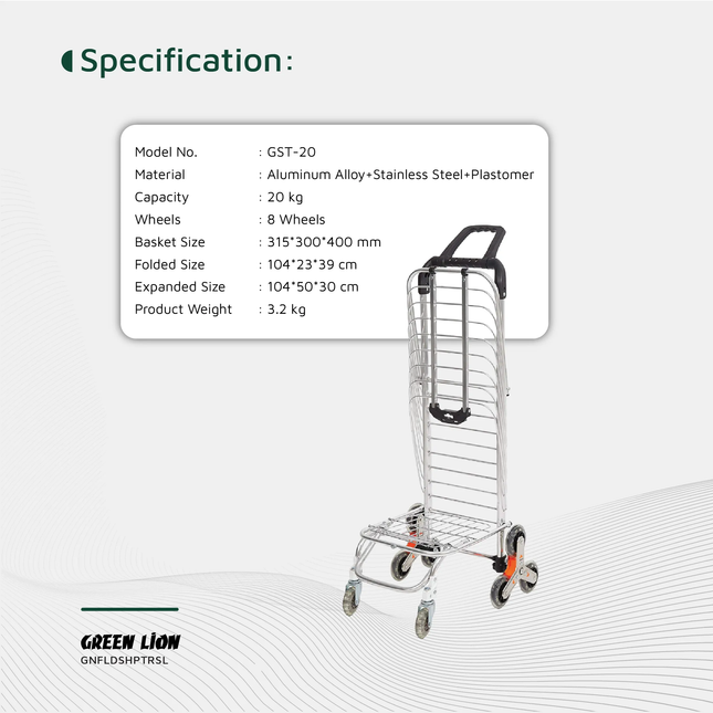 GREEN LION FOLDABLE SHOPPING TROLLEY - SILVER