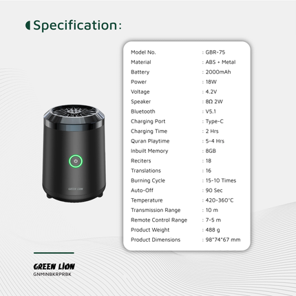 GREEN LION MINI BAKHOUR PRO WITH QURAN SPEAKER - BLACK