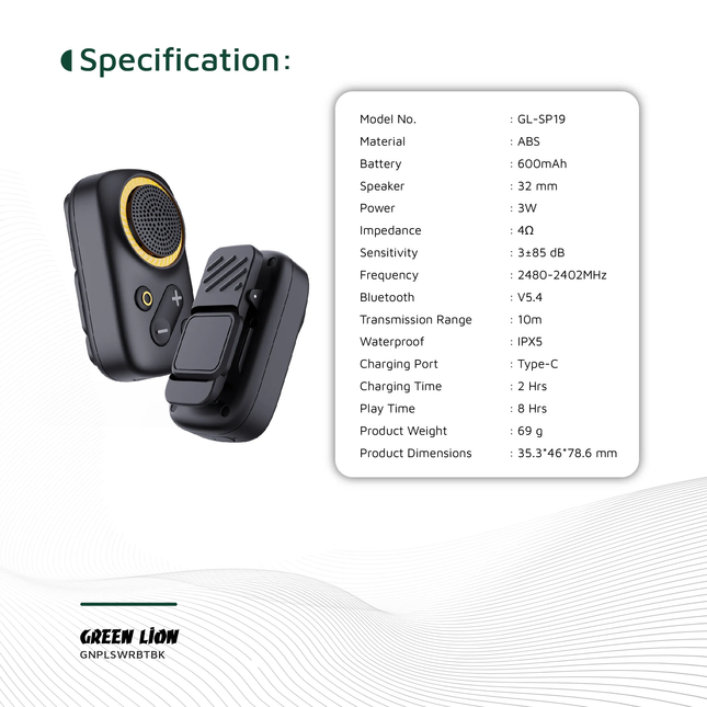 GREEN LION PULSE WEAR WEARABLE BT SPEAKER - BLACK