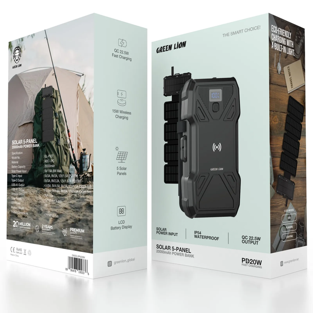 GREEN LION SOLAR 5-PANEL 20000MAH POWER BANK PD20W - BLACK